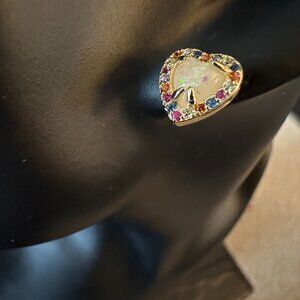 multi cz and opalescent heart stud earrings goldtone